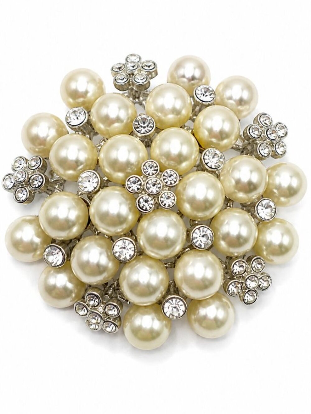 Vintage Silver Tone Wedding Faux Pearl & Crystal Cluster Brooch Pin 2”